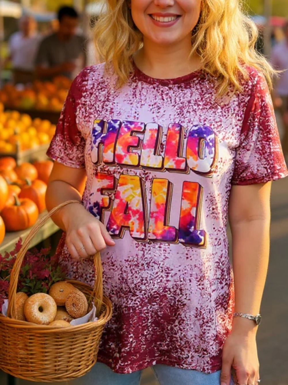 Crushed Velvet Short Sleeve Tee - Hello Fall Graphic in Burgundy and Pink